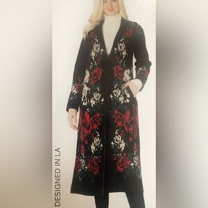 Vertigo Knit Black, Red Floral Long Cardigan Sweater Coat NWT